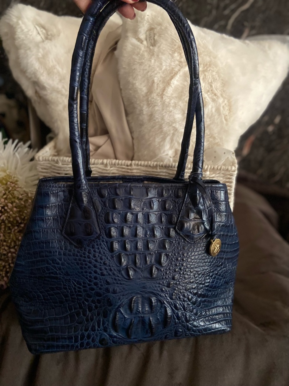Brahmin Navy Croc-Embossed Leather Tote